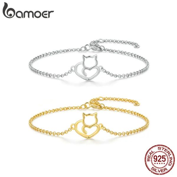 Braccialetti Bamoer 100% 925 Sterling Silver Mini Cat Bracciale placcato oro Semplice bella catena gattino per le donne Gioielli Allmatch regolabili