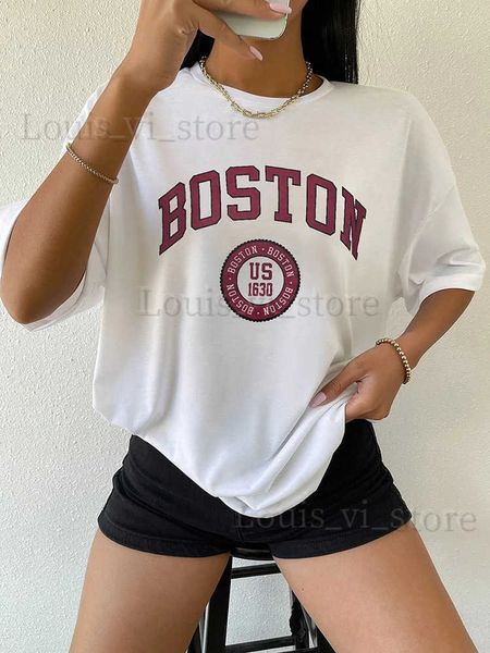 T-shirt da donna Boston USA City Stampata da donna manica corta semplice abbigliamento casual vintage hip hop streetwear oversize comoda maglietta femminile T240221