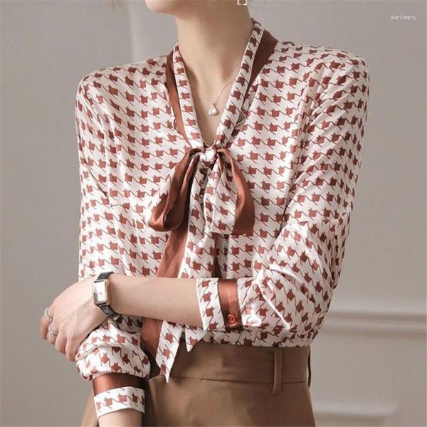 Camicette da donna Stampa pied de poule Moda Elegante chic Fiocco Camicia da ufficio da donna Primavera Autunno Manica lunga Camicetta semplice Top Abbigliamento Blusas