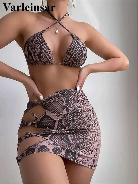 Mulheres Swimwear Nova pele de cobra impressa suspender bikini mulheres maiô de três peças conjunto de biquíni banheiro conjunto V4113 J240221