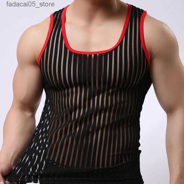 Homens Tanques Verão Mens Undershirts Sem Mangas Camisas Listradas Colete de Cor Sólida Masculino Malha Sexy Transparente Tees Bottoming Camisa Homens Sexy Wear Q240221