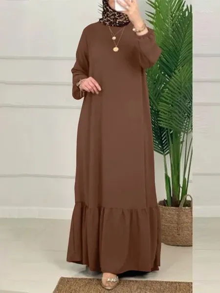 Roupas étnicas Ramadan Muçulmano Islâmico Mulheres Cor Sólida Manga Comprida Ruffled Vintage Robe Dubai Casual Solto Saia