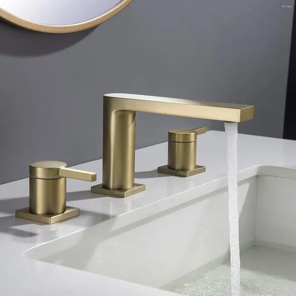 Banyo lavabo muslukları lüks makyaj musluğu 2 sap 3 delikli yaygın güverte montajı, atık drenaj soil pirinç fırçalanmış altın içerir