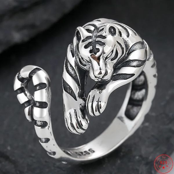 Anéis bocai s925 prata esterlina anéis nova moda ano chinês do tigre ajustável sólido argentum viking punk jóias para homens