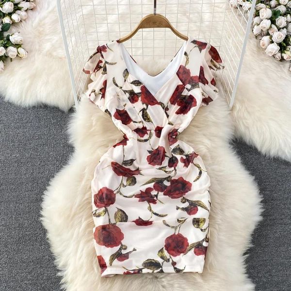 Vestidos casuais verão sexy profundo decote em v vestido curto mulheres folhas de lótus mangas rosa impressão feminina mini com floral