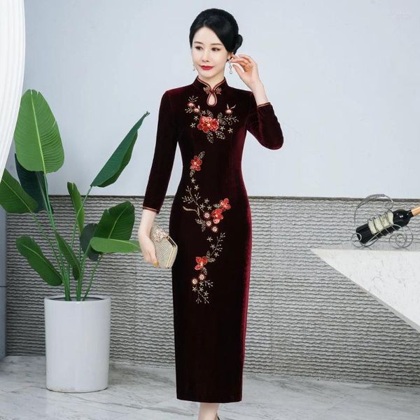 Этническая одежда, традиционный китайский бархатный женский Ципао, осенне-зимний длинный Cheongsam, изысканные бусины, цветы, восточные сексуальные платья, 6XL