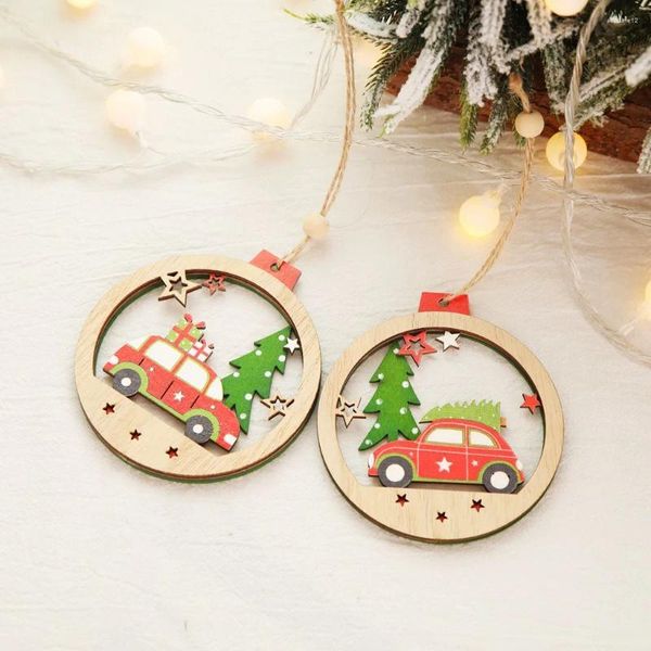 Decorações de Natal redondas de madeira pintadas coloridas carro árvore pingente ornamentos decoração para casa criança brinquedos presente natal ano festa deco navidad