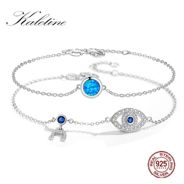 Bangles Kaletine Turkish Lucky Blue Evil Eye Charm Link Bracelets for Women 925 Sterling Silver Silver Vintage Charm Jóias finas