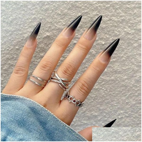 Unghie finte 24 pezzi/scatola Punte per unghie lunghe a stiletto Gradiente Nero Usura Fl Er Patch per manicure Press On Art Unghie per ragazze Drop Delivery Otc4T