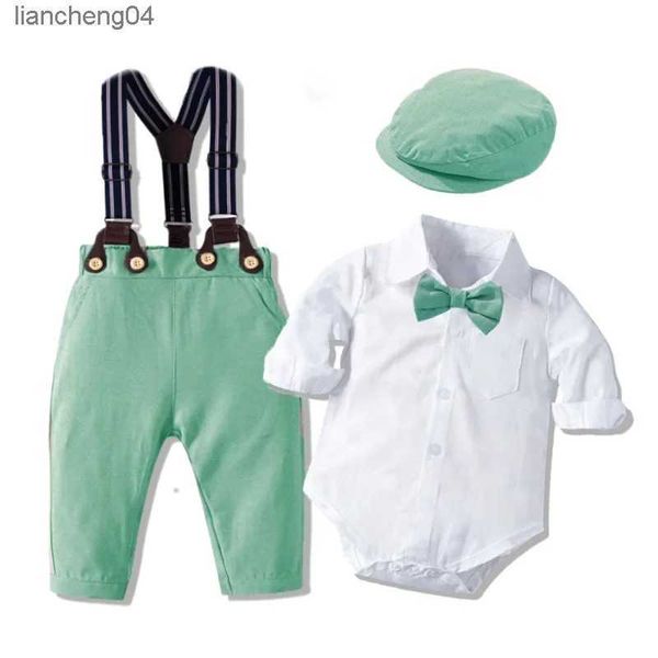 Kleidungssets Gentleman Kleinkind Junge Strampler Kleidung Anzug Neugeborenen Solide Baumwolle Overall Gürtel Schleife Hut Set Baby Jungen 1. Geburtstag Hochzeit Outfit