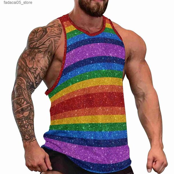 Canotte da uomo Bling Me Up Rainbow Canotta quotidiana Canotta a righe Pop Art Glitter Canottiere da allenamento Grafica da uomo Camicie senza maniche cool Taglie forti Q240221