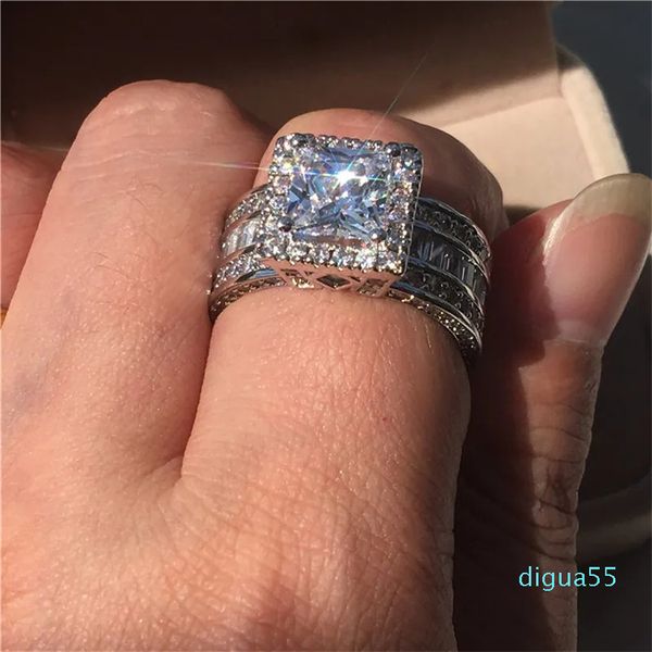 925 STERLING Gümüş Band Ring Prenses Kesim Alyans 3CT Lab Diamond Moda Takı Kadın Nişan Yıldönümü