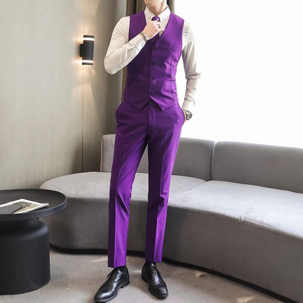 Tute Due pezzi Abito formale maschile da lavoro solido per boutique di moda da uomo Abiti da sposa slim fit bianchi viola (gilet + pantaloni)