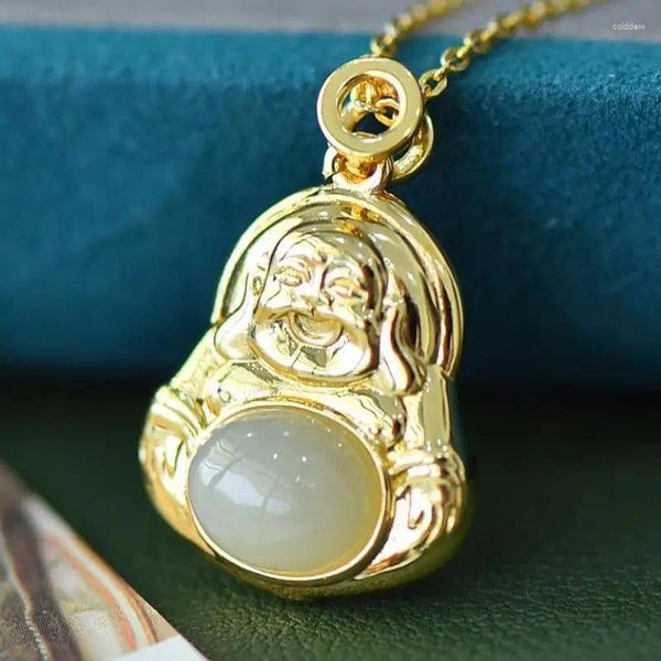 Pingentes natural branco jade ouro buda pingente colar feminino jóias finas genuíno hetian jades cobre sorte encantos amuletos