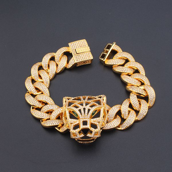 Europeu americano criativo e personalizado pulseira de hip-hop grande leopardo escavado zircão completo rock punk ouro prata corrente cubana dominadora jóias presentes