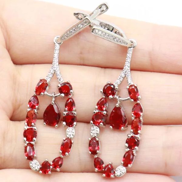 Ohrringe: Kaufen Sie 2 und erhalten Sie 1 gratis 54x15mm High Trendy London Blue Topaz Red Blood Ruby CZ Geschenk Damen Silberohrringe