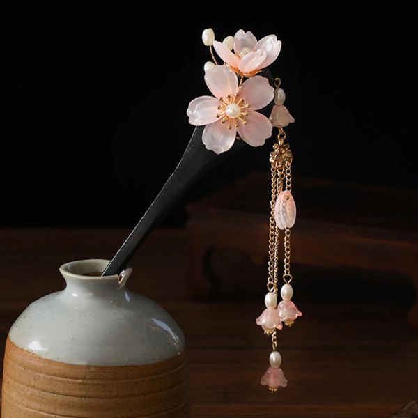 Schmuck Chinesische Haarstange Blume Quasten Haarnadel Sandelholz Alte Mädchen Haarbrötchen Gabeln Stäbchen Vintage Hanfu Kopfstück Haarschmuck