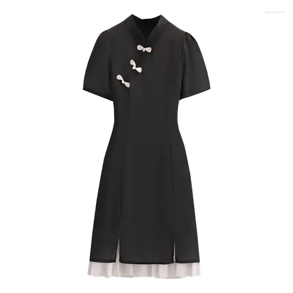 Бальные платья больших размеров 4xl, женское китайское платье Cheongsam с коротким рукавом и воротником-стойкой, шифоновое лоскутное черно-белое летнее платье 2024 г.