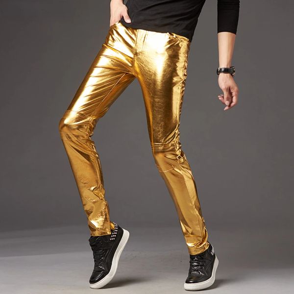 Брюки Золотые металлические кожа кожа мотоциклетные брюки мужчины узкие колготки диско