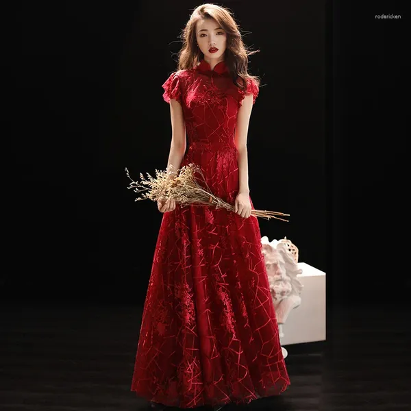 Abbigliamento etnico Sposa Toast Cinese Rosso Cheongsam Abito da sera da sposa Tradizionale pizzo Abiti Qipao Abito vintage Cina Abiti orientali