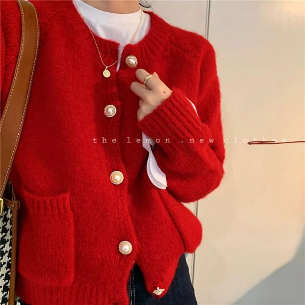 Cardigans textura vermelha macia cera malha cardigan pérola botão design sentido singlebreasted camisola feminina natal oneck casual solto casaco