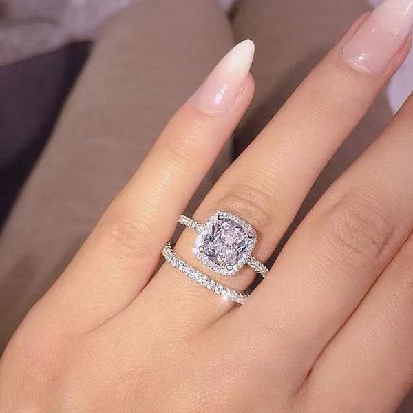 Geometria feminina quadrado designer anéis de banda luxo 925 prata brilhante cristal bling diamante amor casal anel jóias 2 pçs conjunto