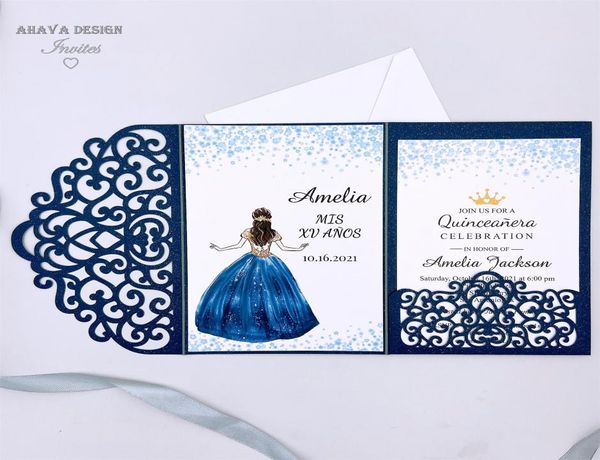 Marineblaue, lasergeschnittene Geburtstagseinladung mit Blumenmuster, Quinceanera-Einladung, süße 16-Einladungen mit Umschlag, unendliches Design vor der Bezahlung3012422