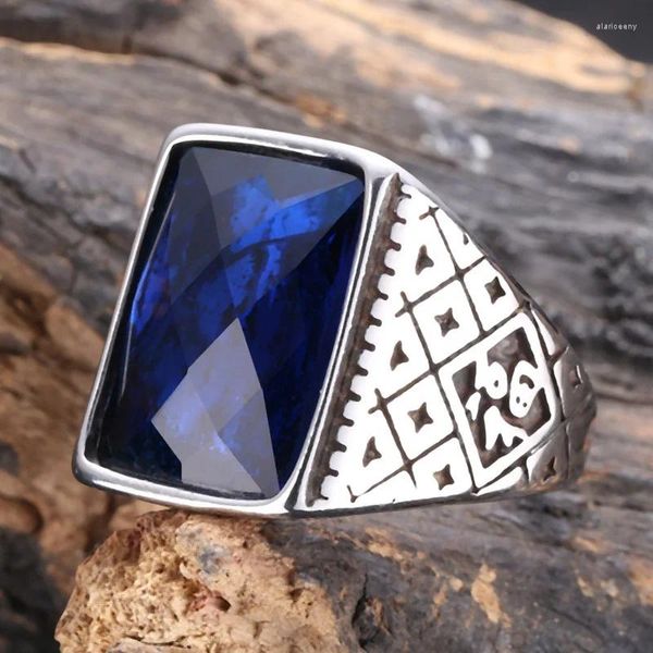 Cluster Ringe Silber Farbe Chinesischen Stil Retro Rechteckige Edelstahl Für Männer Blau Zirkon Glück Ring Männlich Punk Schmuck Geschenk JZ0015