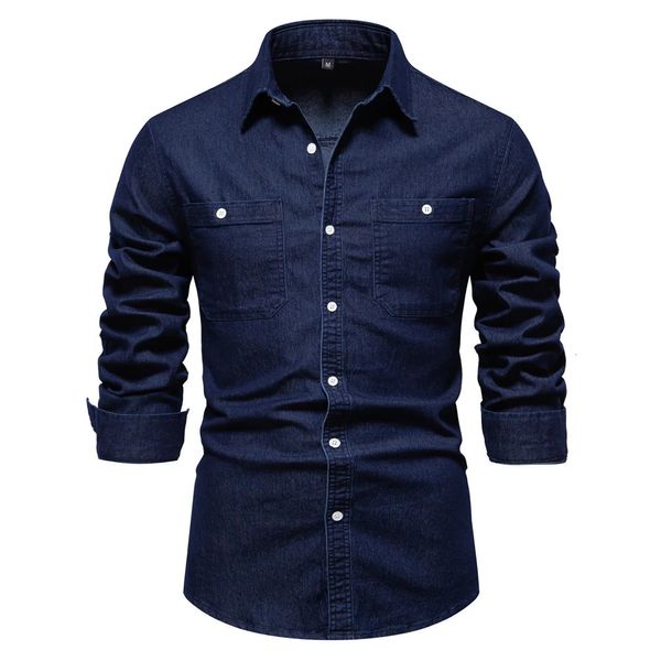 Outono Mens Denim Camisa Algodão Elástico Casual Design Social Bolsos Duplos Slim Jeans Camisas para Homens 240220