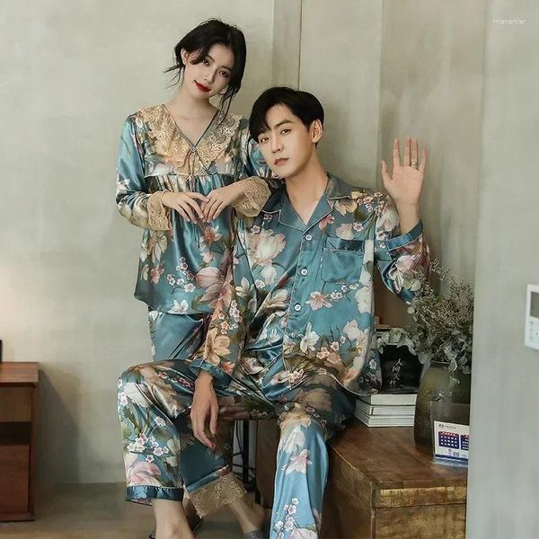 Pijamas femininos cetim loungewear casal outono pijamas calças homens impresso homewear primavera camisa feminina pijamas calças florais pulôver
