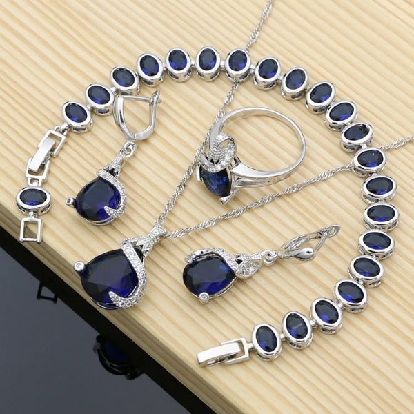 Set Set di gioielli in argento 925 Kit di bigiotteria con zirconi naturali blu Gioielli indiani per set di collane da donna