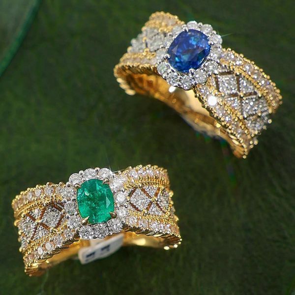 Anéis estilo italiano padrão de renda vintage vermelho verde azul pedras preciosas 5a zircão diamantes anéis para mulheres 14k ouro cheio de faixas de dedo novo