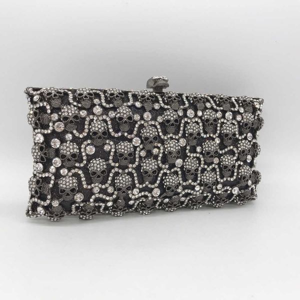 Mit Totenkopf besetzte Diamant-Dinnertasche, horizontale, quadratische, schwarze Volldiamanten-Handtasche, Bankett-Damentasche, Hartbox-Tasche 240221