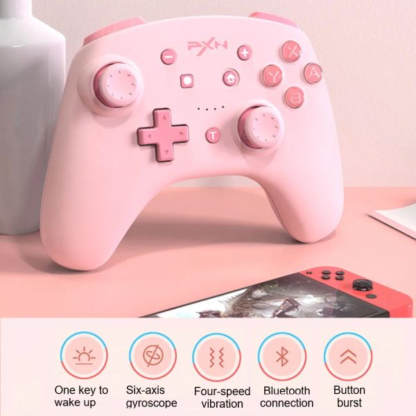 Gamepads para nintendo switch controlador jogo gamepad bluetoothcompatível para pxn switch lite/pc cabo de dados usb remoto nfc/amibo rosa