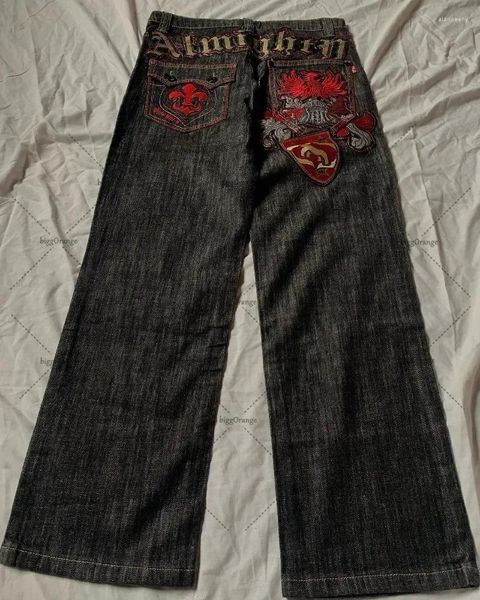 Jeans masculinos rua americana estilo vintage monograma bordado homens y2k goth punk harajuku moda casal baggy calças de pés largos