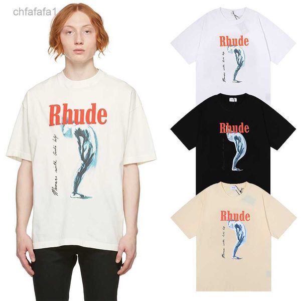 Designer rhude T-shirt da uomo Designer rhdue T-shirt da uomoTrendy Rhude Art Abstract Design Stampato T-shirt a maniche corte per uomini e donne Coppie High Street Loose H ZZ0T