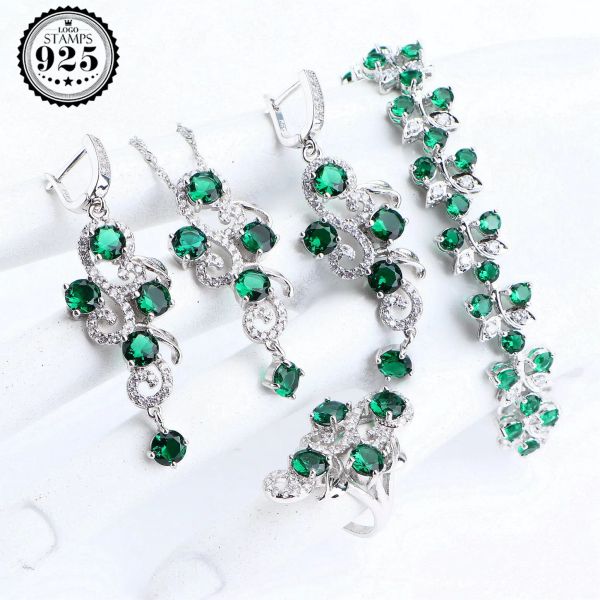 Set da sposa di lusso in argento 925 set di gioielli da sposa per le donne Bigiotteria Verde CZ Bracciale Anello Orecchini Collana Pendenti Set