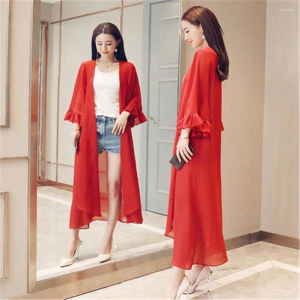 Damenblusen Koreanische Mode Grün Weiß Lila Chiffon Kimono Strickjacke Mantel 2024 Frauen Sommer Langarm Boho Strandhemden