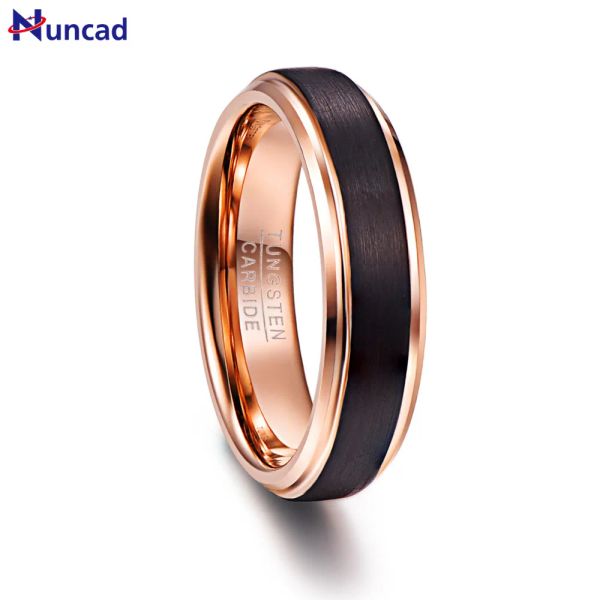 Fasce NUNCAD 6mm Anelli in carburo di tungsteno placcatura in oro rosa per uomo Fede nuziale spazzolata nera Passo smussato T024R