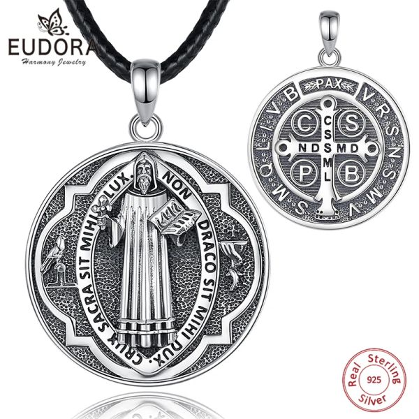 Ciondoli Eudora Reale Argento 925 Medaglia di San Benedetto Collana per Uomo Donna San Benedetto Croce Amuleto Ciondolo Gioielli Religiosi