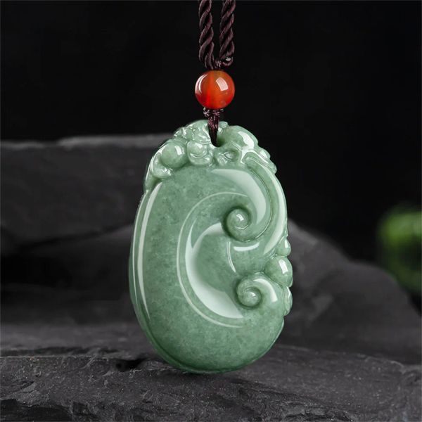 Pingentes retro natural verde jadeite esculpido charme dragão ruyi sorte pingente amuleto colar certificado luxo jade presente do vintage jóias