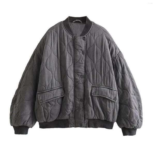 Männer Pullover Grau Stehkragen Reißverschluss Frauen Bomber Baumwolle Mantel Laterne Hülse Übergroße Lose Tasche Jacke 2024 Herbst Winter chic