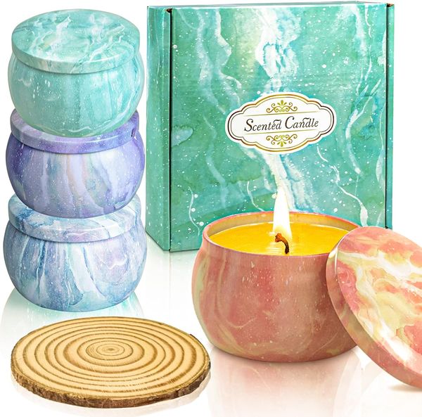 Candele Centrate Set Regalo per Donne Vaniglia Lavanda Salvia Limone Candele per Aromaterapia per la Casa Candela Profumata in Barattolo di Cera di Soia 4 Pezzi da 4,4 Once per Alleviare lo Stress