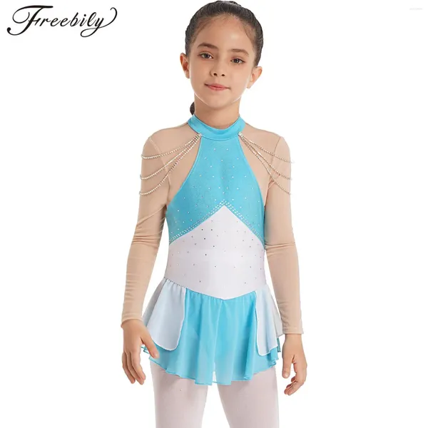 Stage Wear Bambini Ragazze Figura Pattinaggio su ghiaccio Vestito da ballo Manica lunga Strass Catena Decor Sheer Mesh Body Tutu Balletto Ginnastica Dancewear