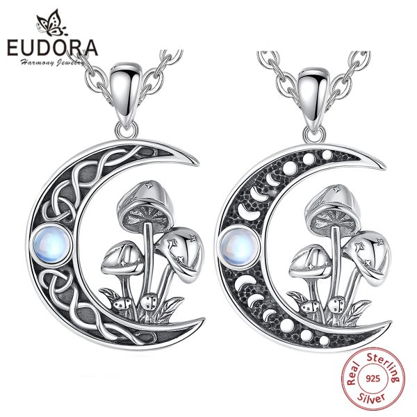 Pingentes Eudora 925 Sterling Silver Witchcraft Cogumelo Colar Fase da Lua Nó Celta Amuleto Pingente Bruxa Jóias Personalidade Presente