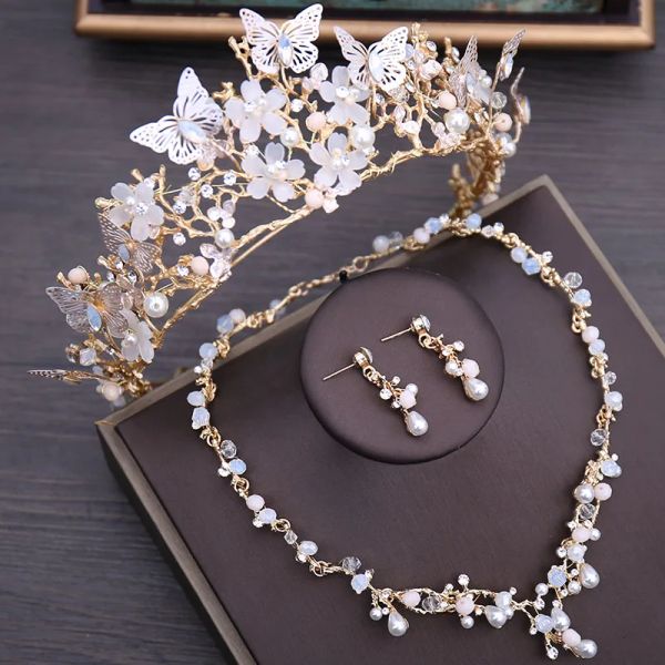 Collane perle di cristallo di lusso per perle di farfalla per farfalla per farfalla set di gioielli floreali con girocollo dollari Orecchini Tiara Wedding