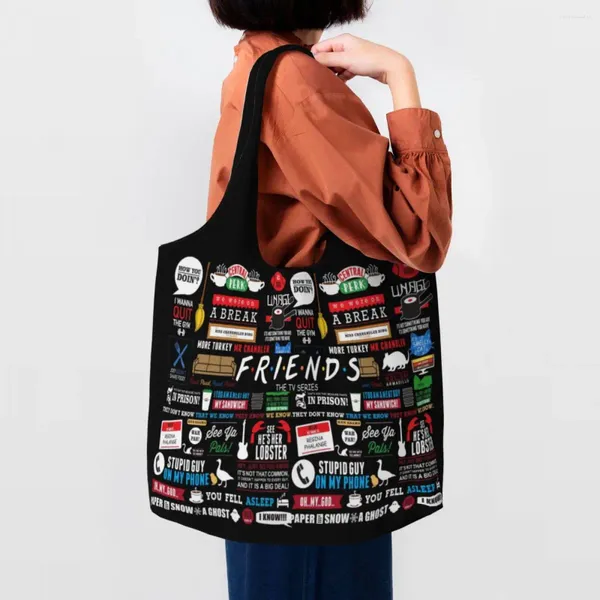 Sacos de compras TV Show Friends Colagem Saco de Supermercado Kawaii Impressão Canvas Shopper Tote Ombro Grande Capacidade Bolsa Lavável