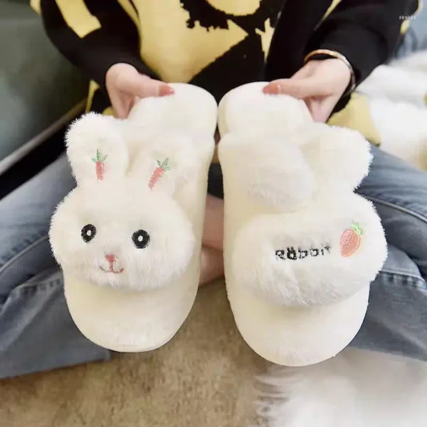 Pantofole da donna adorabili conigli dei cartoni animati coreani soffici animali carini morbido peluche inverno caldo scivoli scarpe da casa in cotone per interni