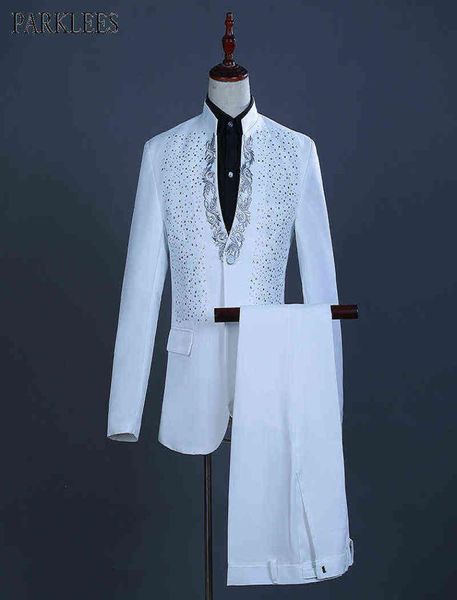 Beyaz İşlemeli Elmas Takım Erkekler Düğün Damat Smokin Takımları Erkekler Stand Yakası Balo Sahne Kostüm Pantolonlu Erkek Takımlar Ternos 213750786