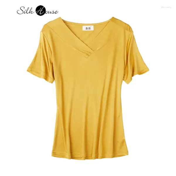 Женские футболки, шелковая футболка с короткими рукавами, летняя однотонная рубашка с отложным воротником, универсальная тонкая рубашка с прямым дном и v-образным вырезом